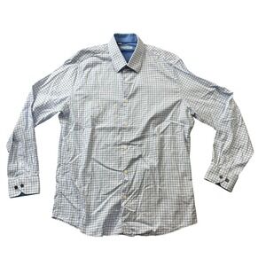 Duchamp London 17 XL Blue Check Long Sleeve Button Up Cotton Blend Men's Shirt